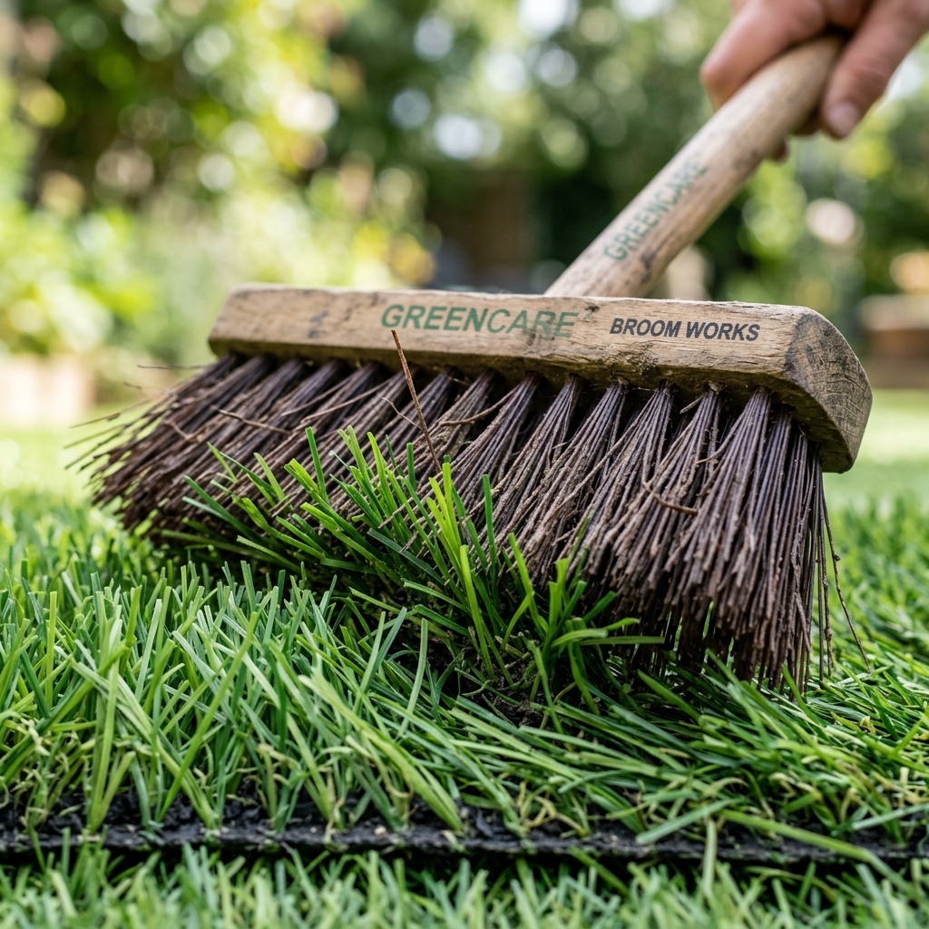 Close-up of artificial grass fibres being brushed upright with a stiff-bristled broom