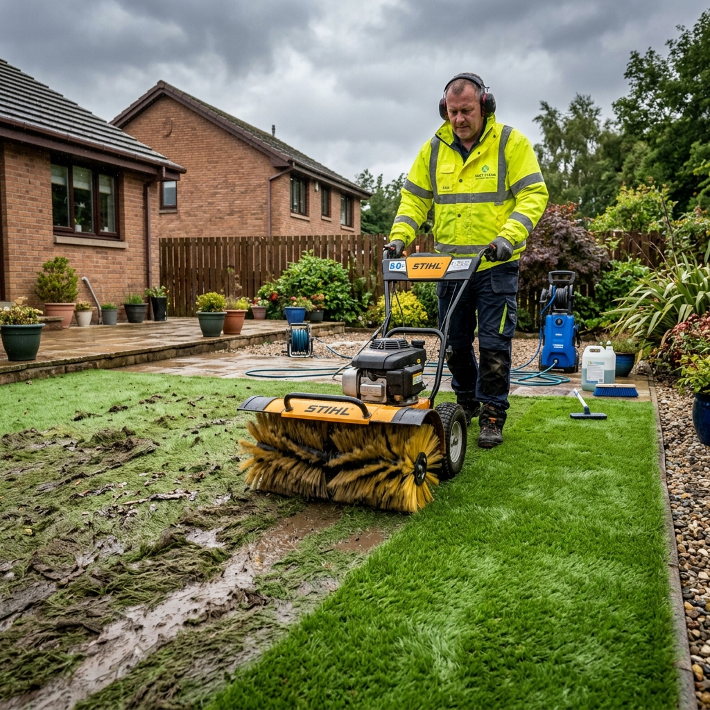 Professional artificial grass cleaning service using power brush machine in a Glasgow garden