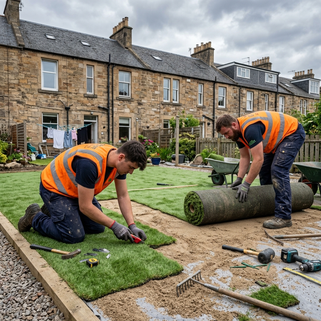 Brickscapes team installing artificial grass in a Glasgow residential garden