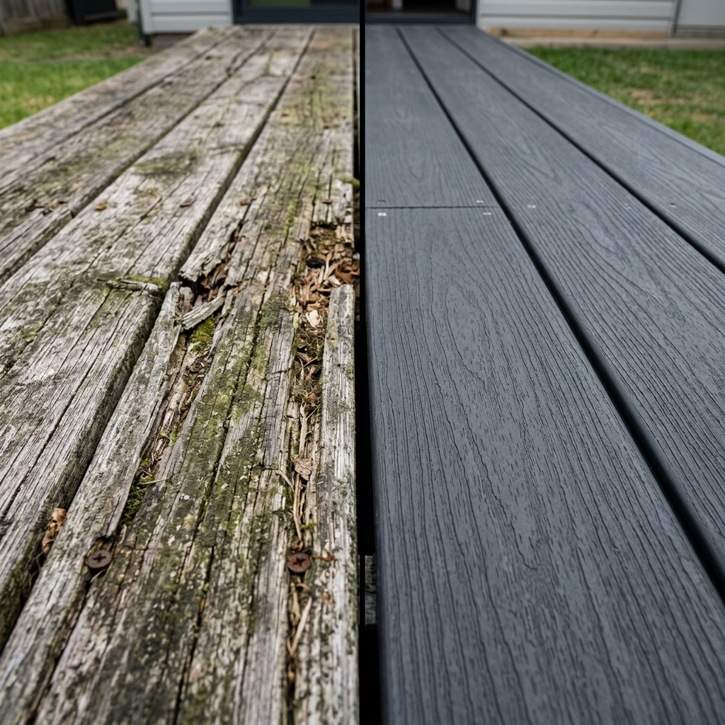 Close up texture of charcoal composite decking boards with hidden fasteners and bullnose trim