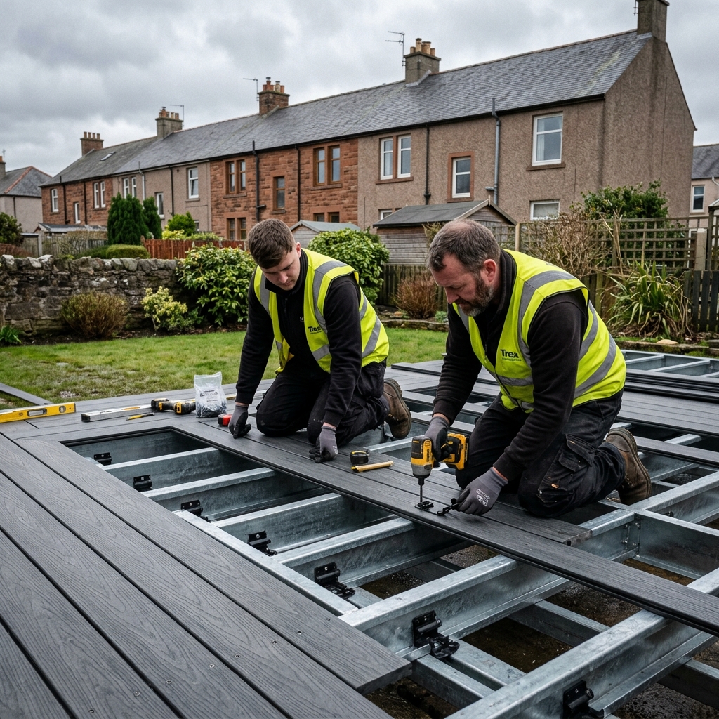 Brickscapes tradesperson installing solid composite decking subframe and concealed fixings in a Glasgow garden